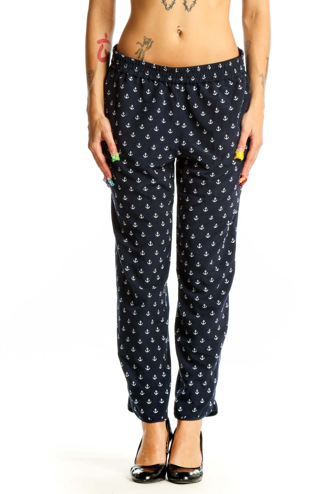 Front view of J.Crew navy pants with white anchor print