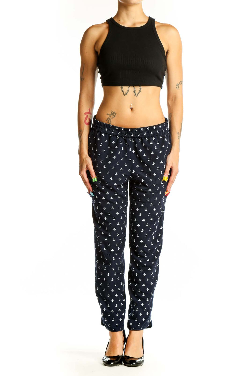 Front view of J.Crew navy pants with white anchor print