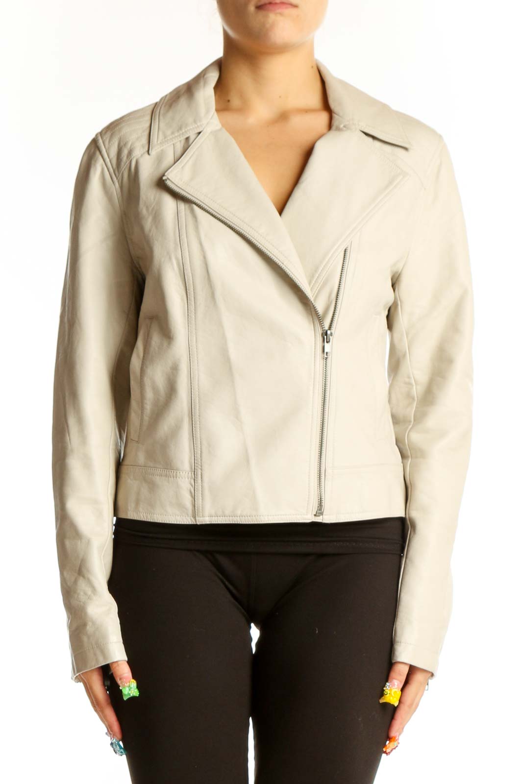 Front view of cream polyester moto jacket by Cupcakes and Cashmere