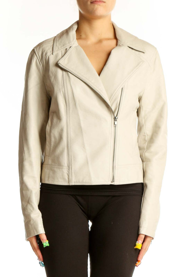 Front view of cream polyester moto jacket by Cupcakes and Cashmere