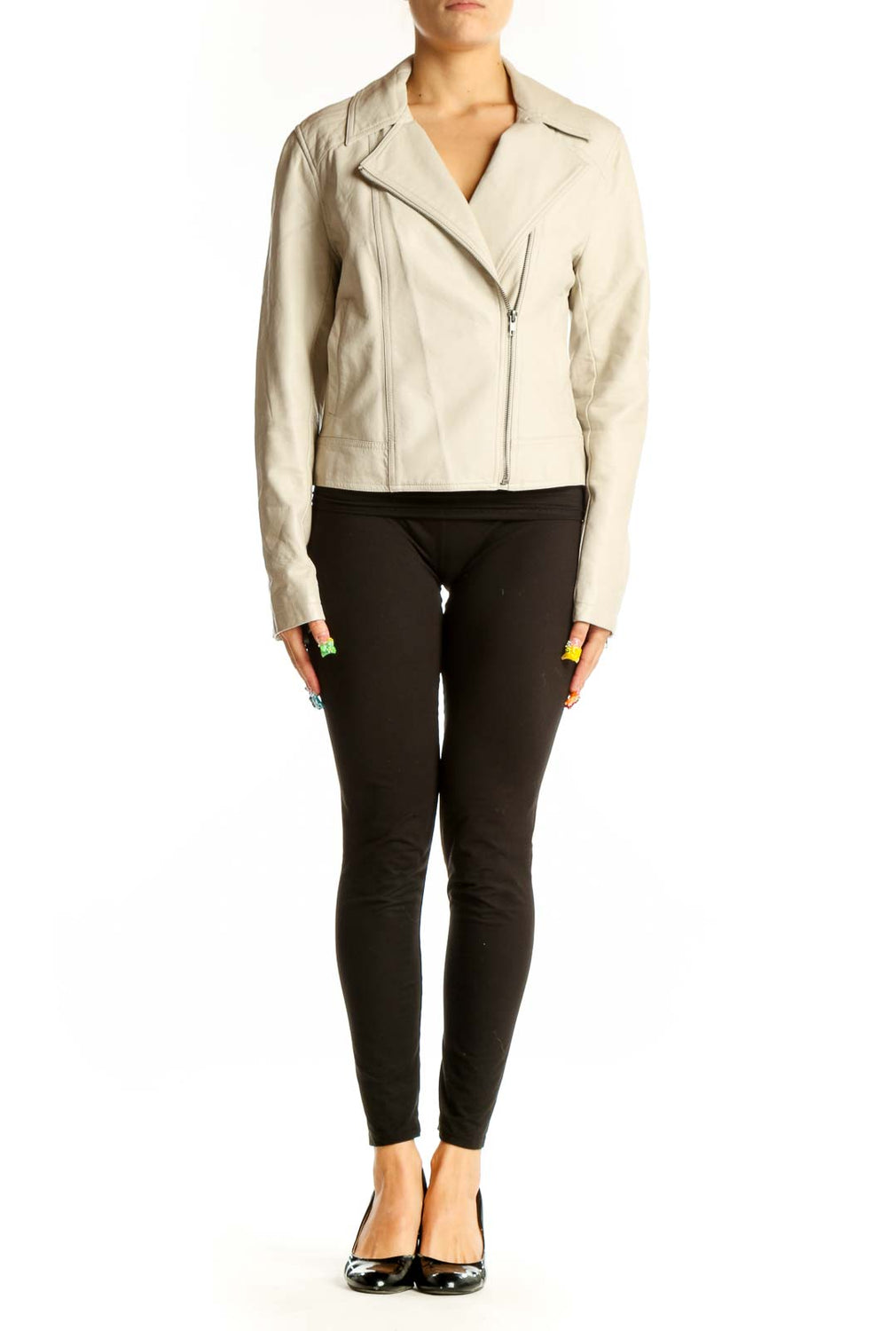 Front view of cream polyester moto jacket by Cupcakes and Cashmere