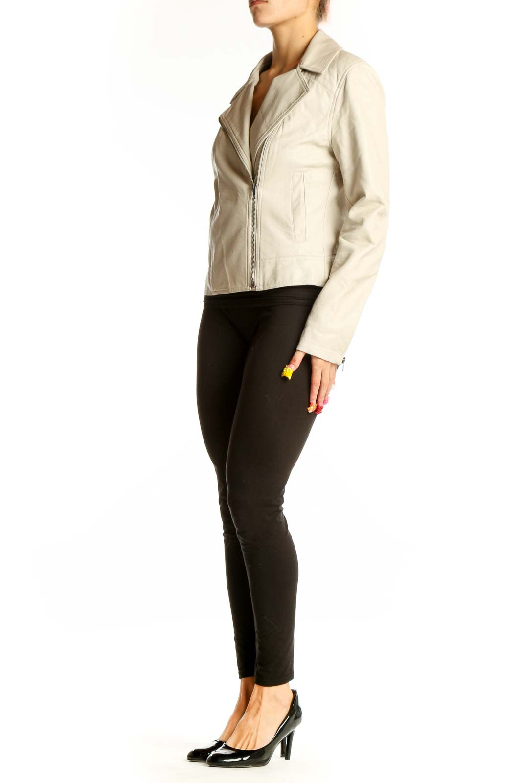 Front view of cream polyester moto jacket by Cupcakes and Cashmere