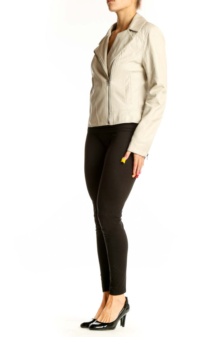 Front view of cream polyester moto jacket by Cupcakes and Cashmere
