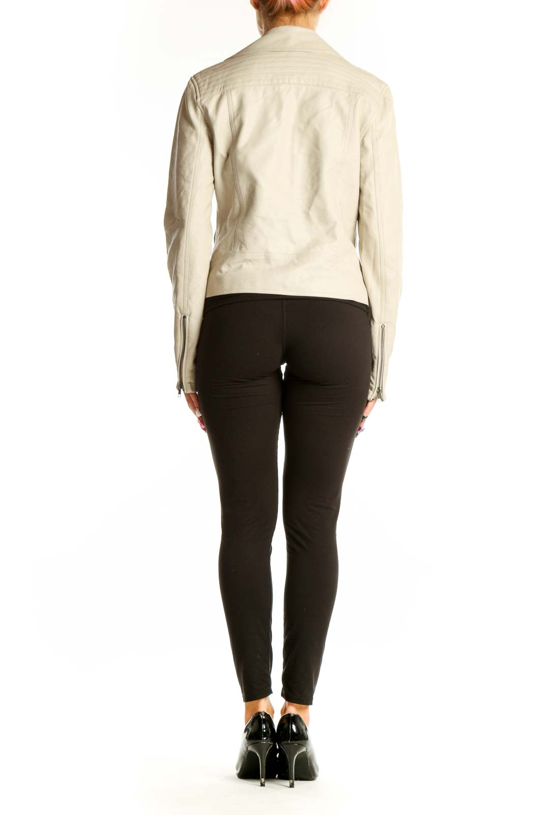 Side view of cream polyester moto jacket by Cupcakes and Cashmere