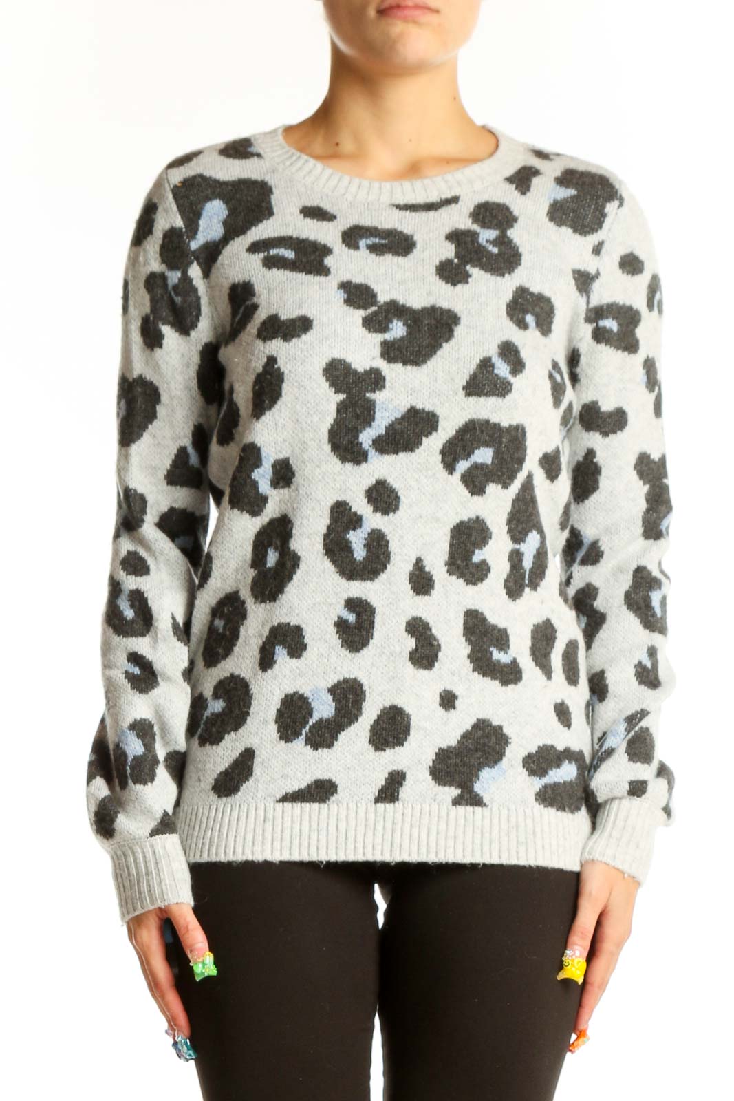 Front view of LOFT gray leopard print knit sweater on model
