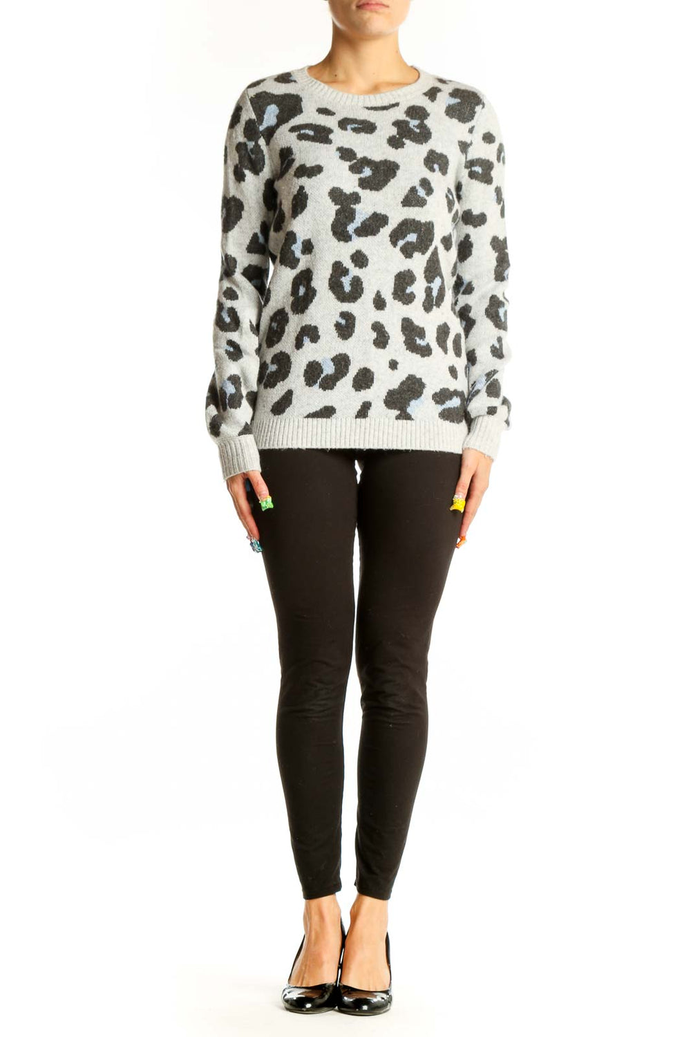 Front view of LOFT gray leopard print knit sweater on model