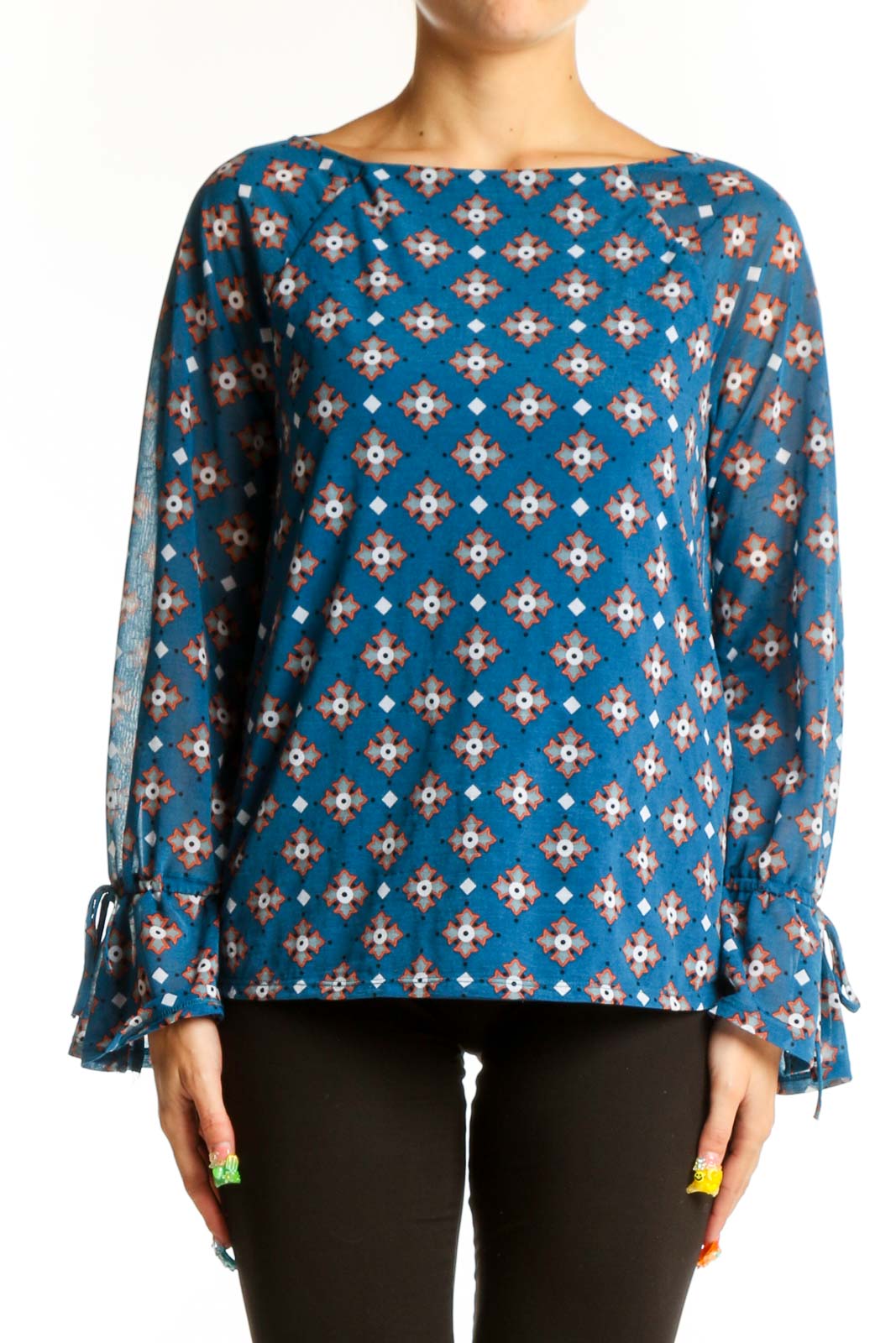 Front view of 41 Hawthorn blue floral print long sleeve blouse with boat neckline