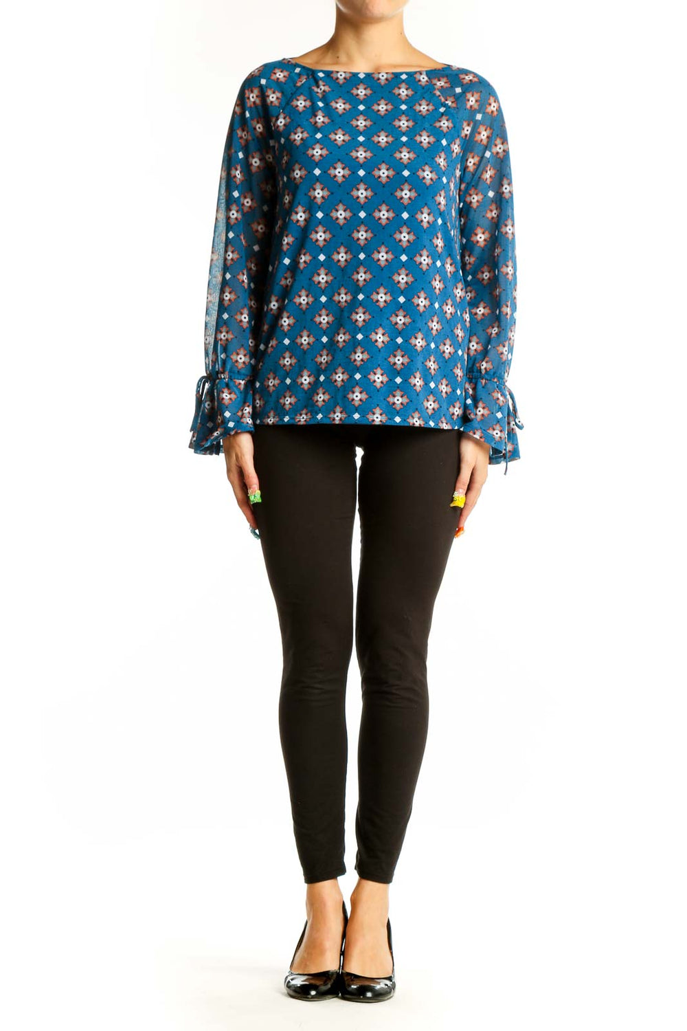 Front view of 41 Hawthorn blue floral print long sleeve blouse with boat neckline
