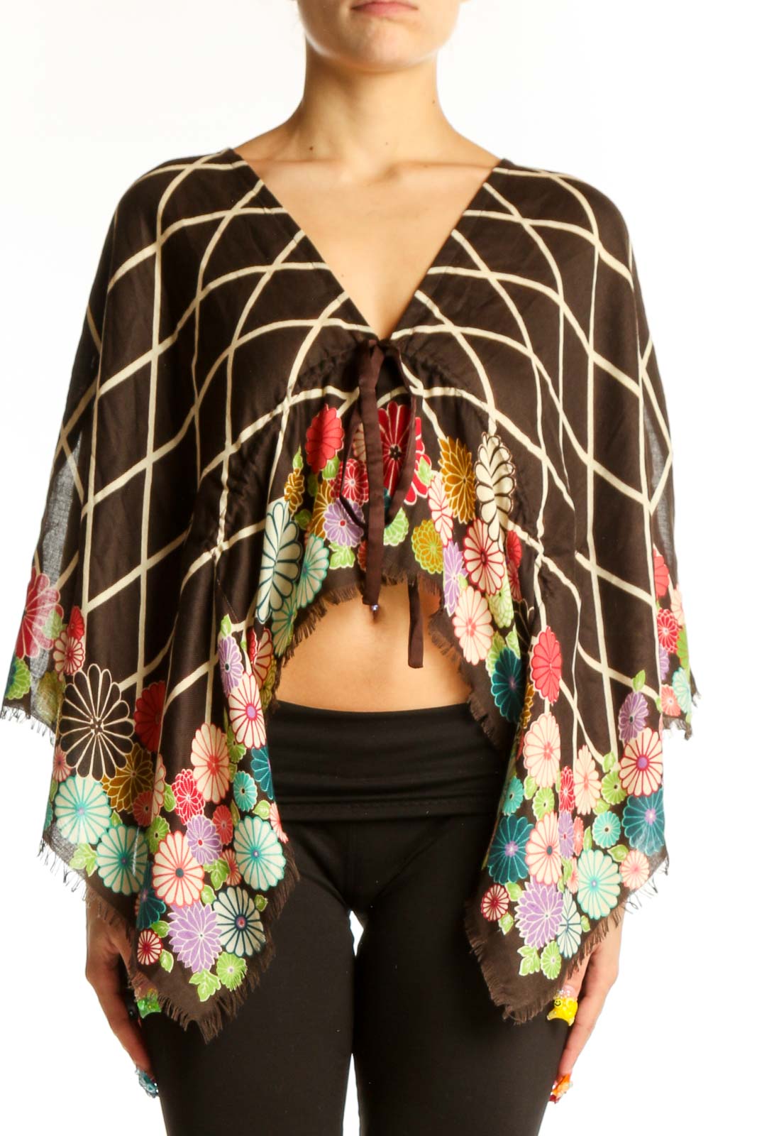 Front view of Betsey Johnson brown cropped kimono jacket with geometric and floral prints