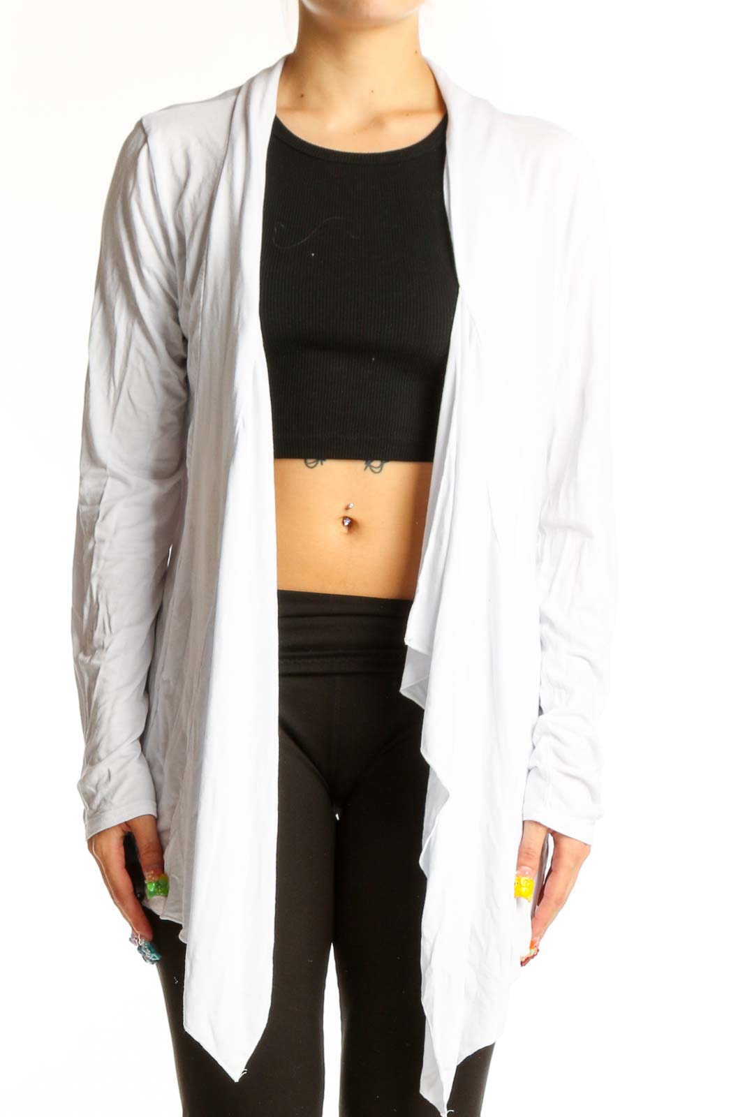 Front view of white draped open front cardigan by URBAN COCO