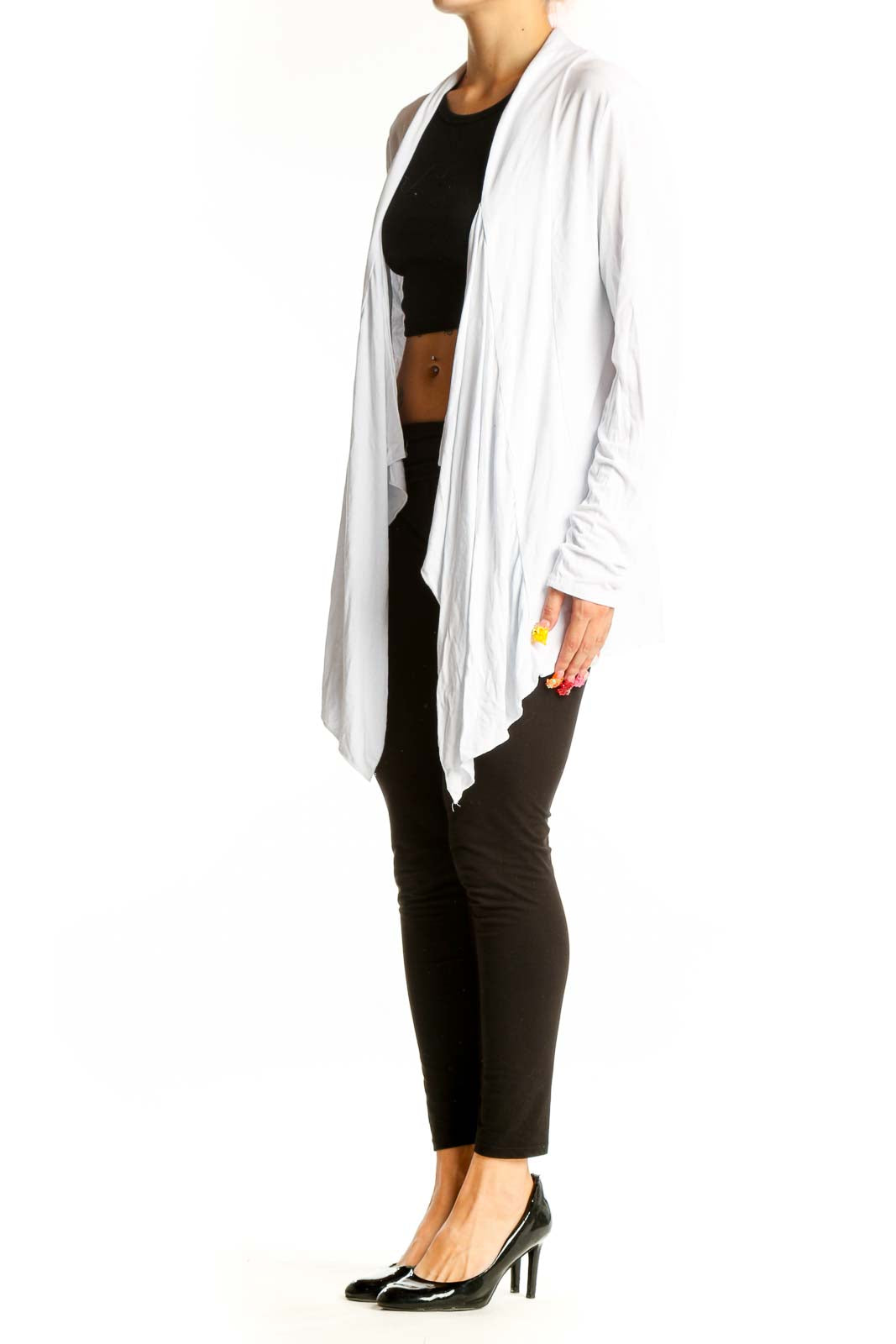 Front view of white draped open front cardigan by URBAN COCO