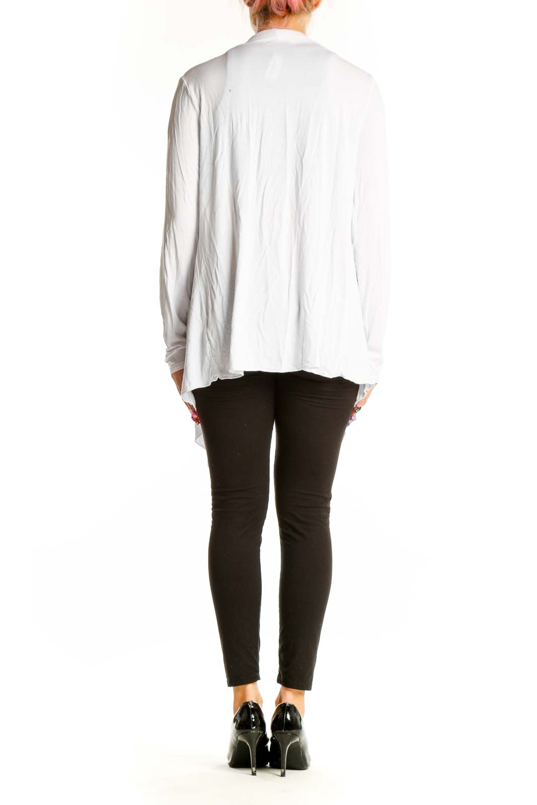 Side view of white draped open front cardigan by URBAN COCO on model