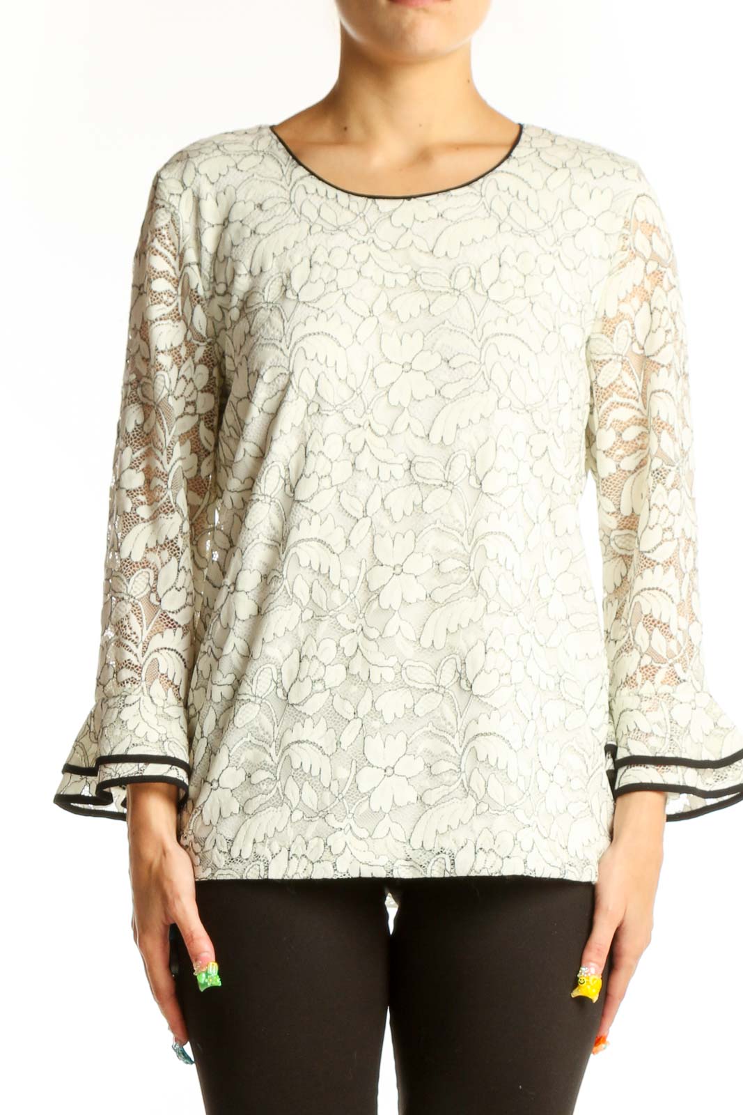 Front view of Karl Lagerfeld white lace top with bell sleeves