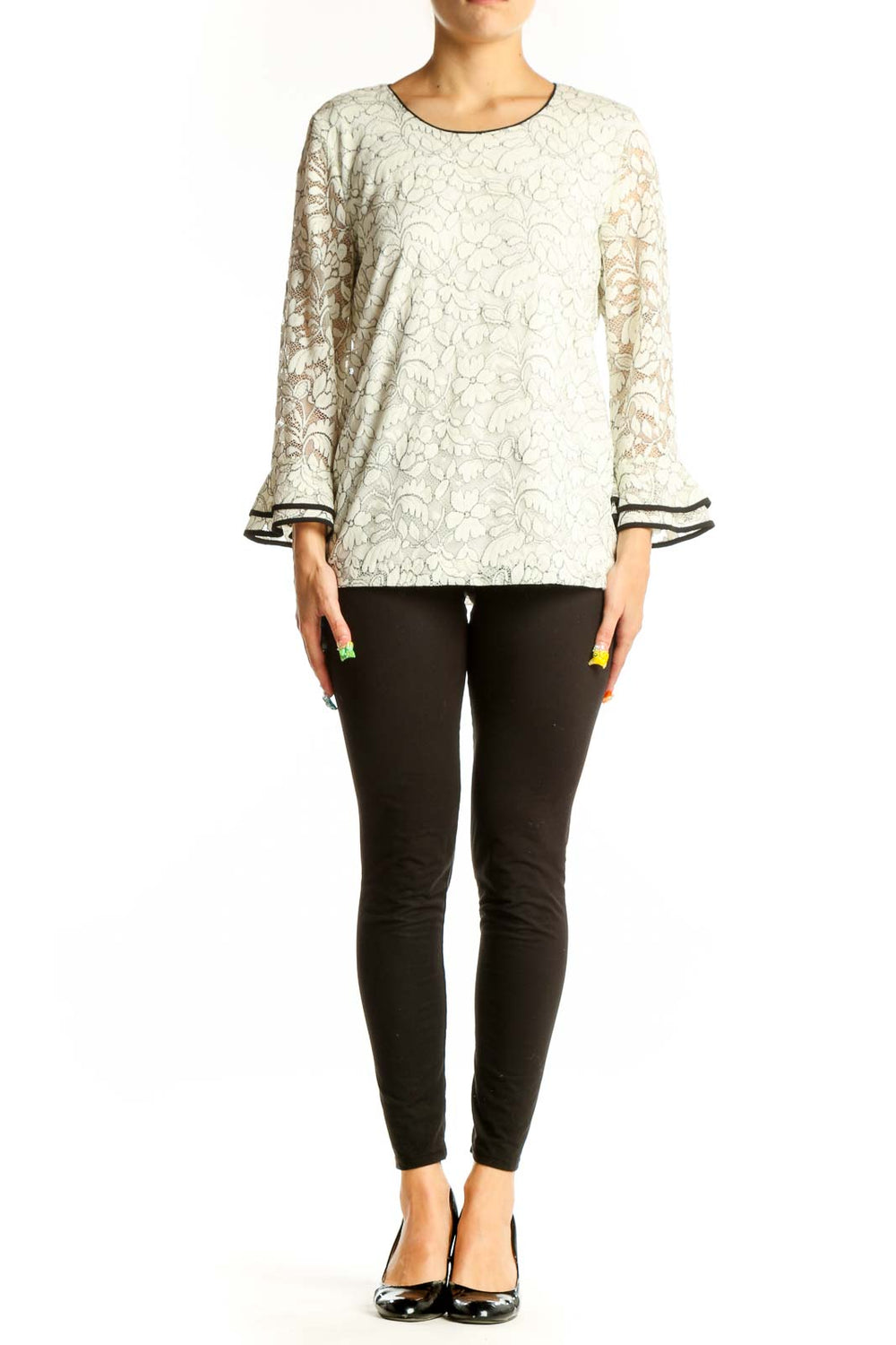 Front view of Karl Lagerfeld white lace top with bell sleeves