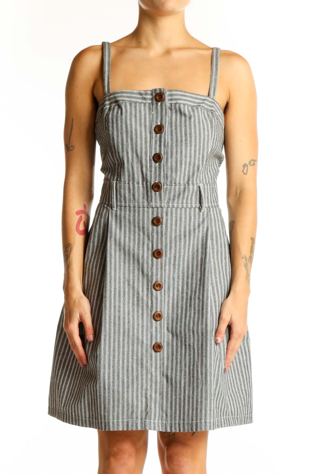 Front view of gray striped cotton sundress with button-front design