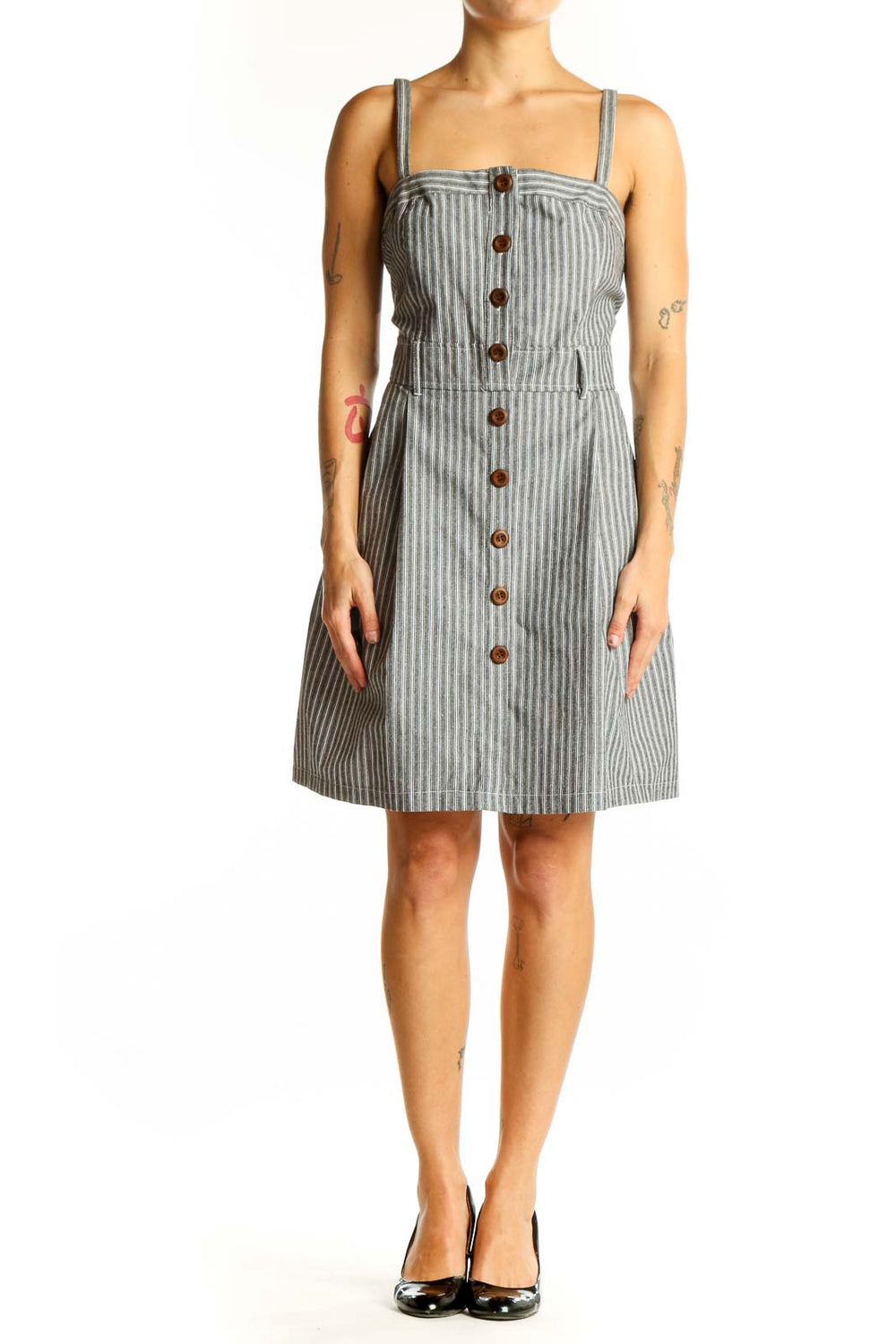 Front view of gray striped cotton sundress with button-front design