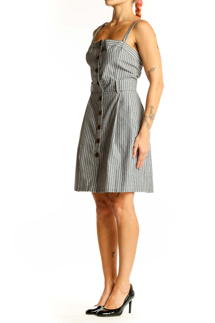 Front view of gray striped cotton sundress with button-front design