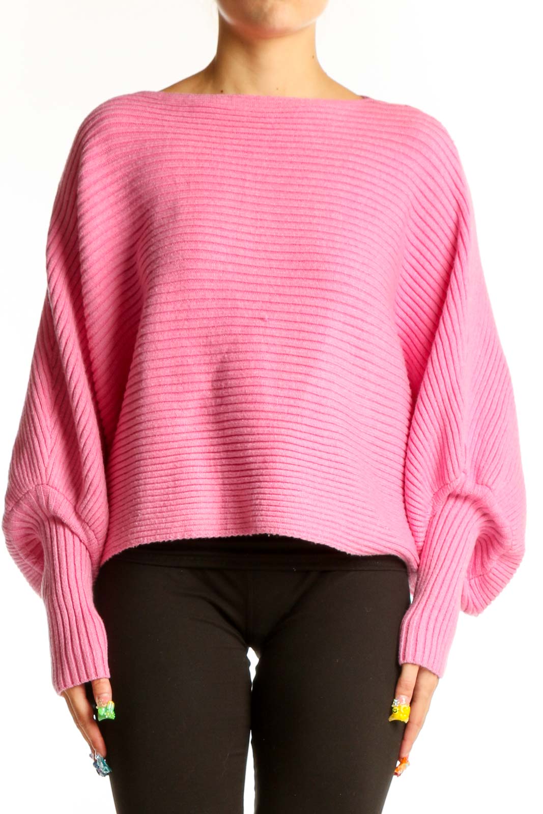 Front view of pink ribbed cotton oversized sweater with balloon sleeves