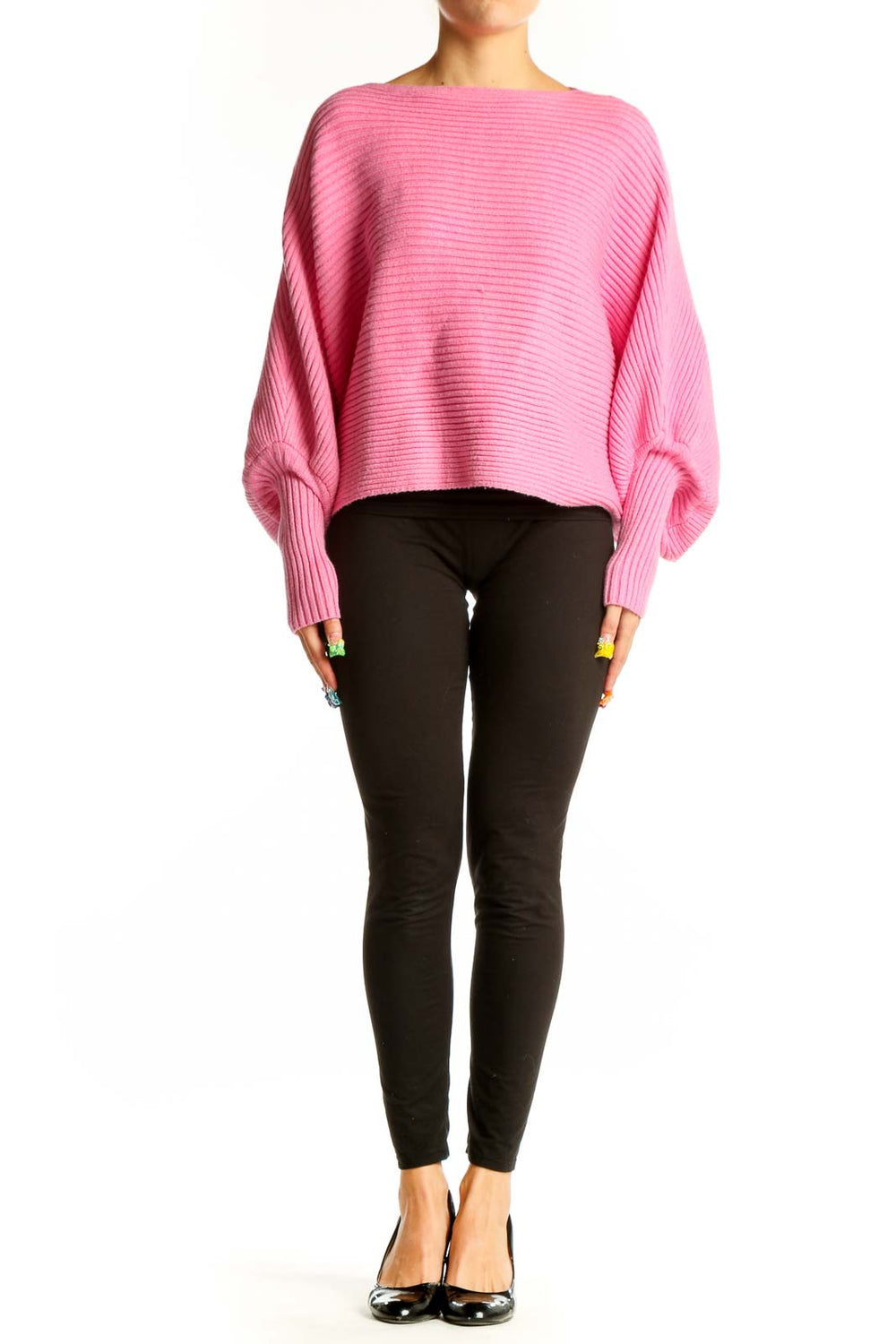 Front view of pink ribbed cotton oversized sweater with balloon sleeves