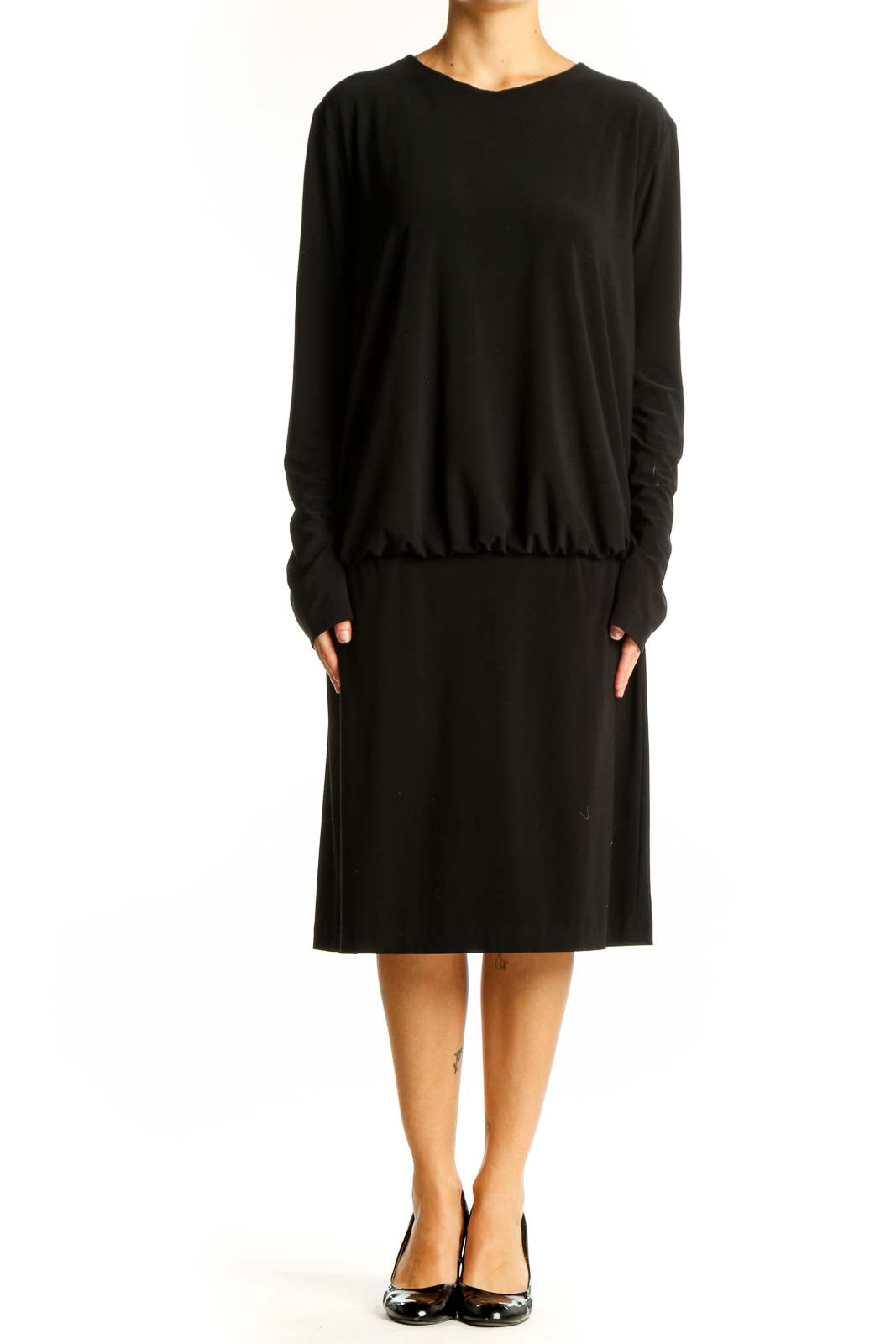 Front view of NORMA KAMALI black long-sleeve midi dress