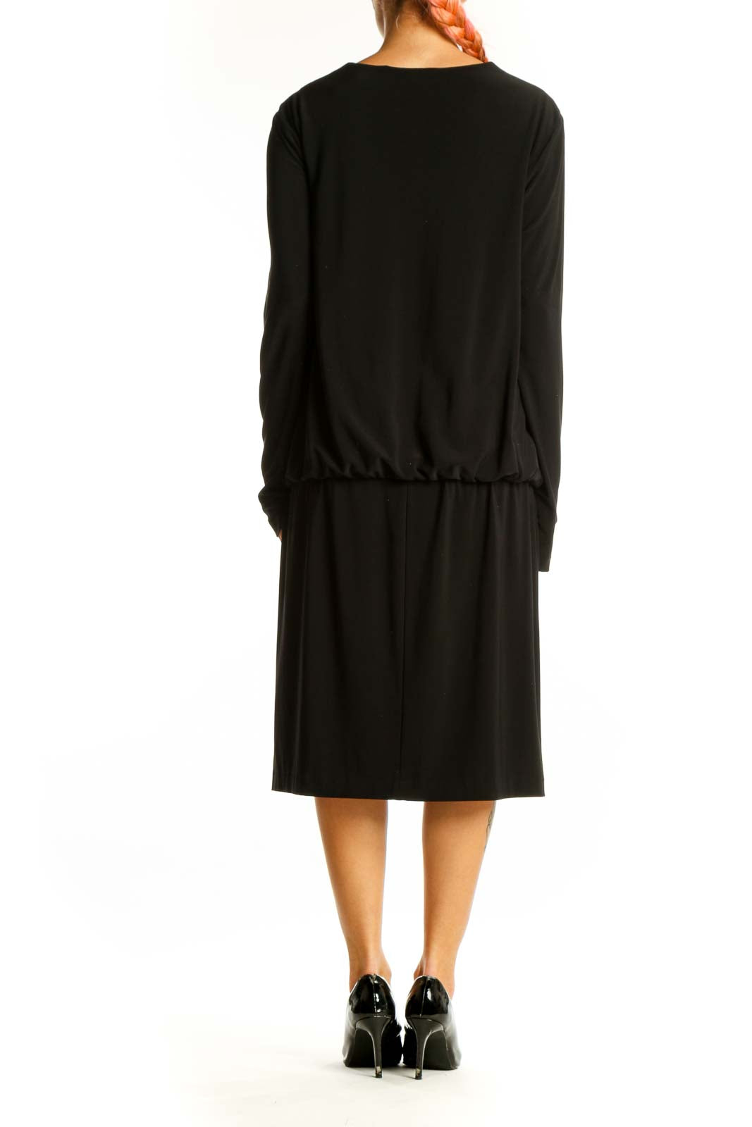 Side view of NORMA KAMALI black long-sleeve midi dress