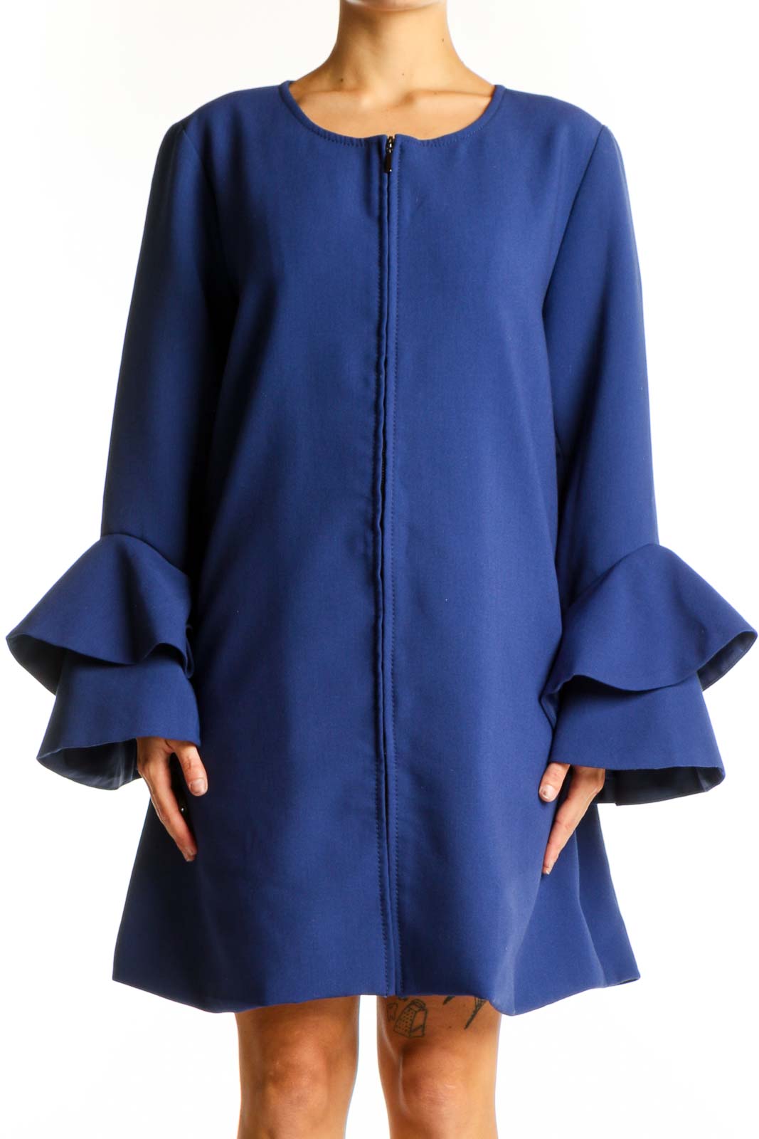 Front view of blue Alfani dress with ruffle sleeves and zip-front closure