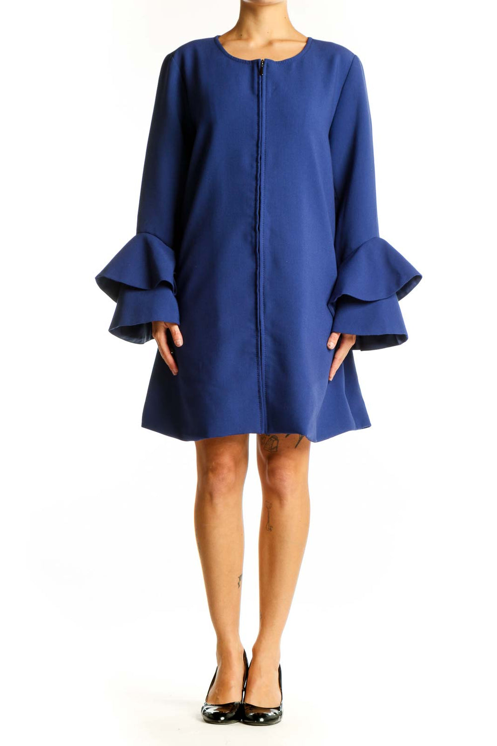 Front view of blue Alfani dress with ruffle sleeves and zip-front closure