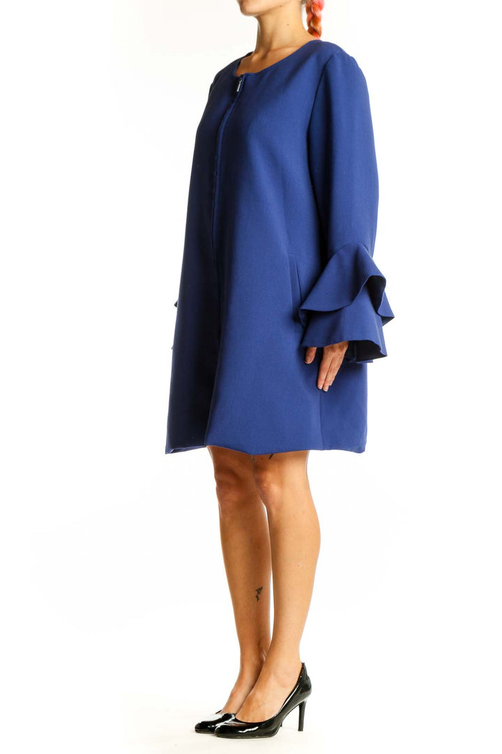 Front view of blue Alfani dress with ruffle sleeves and zip-front closure