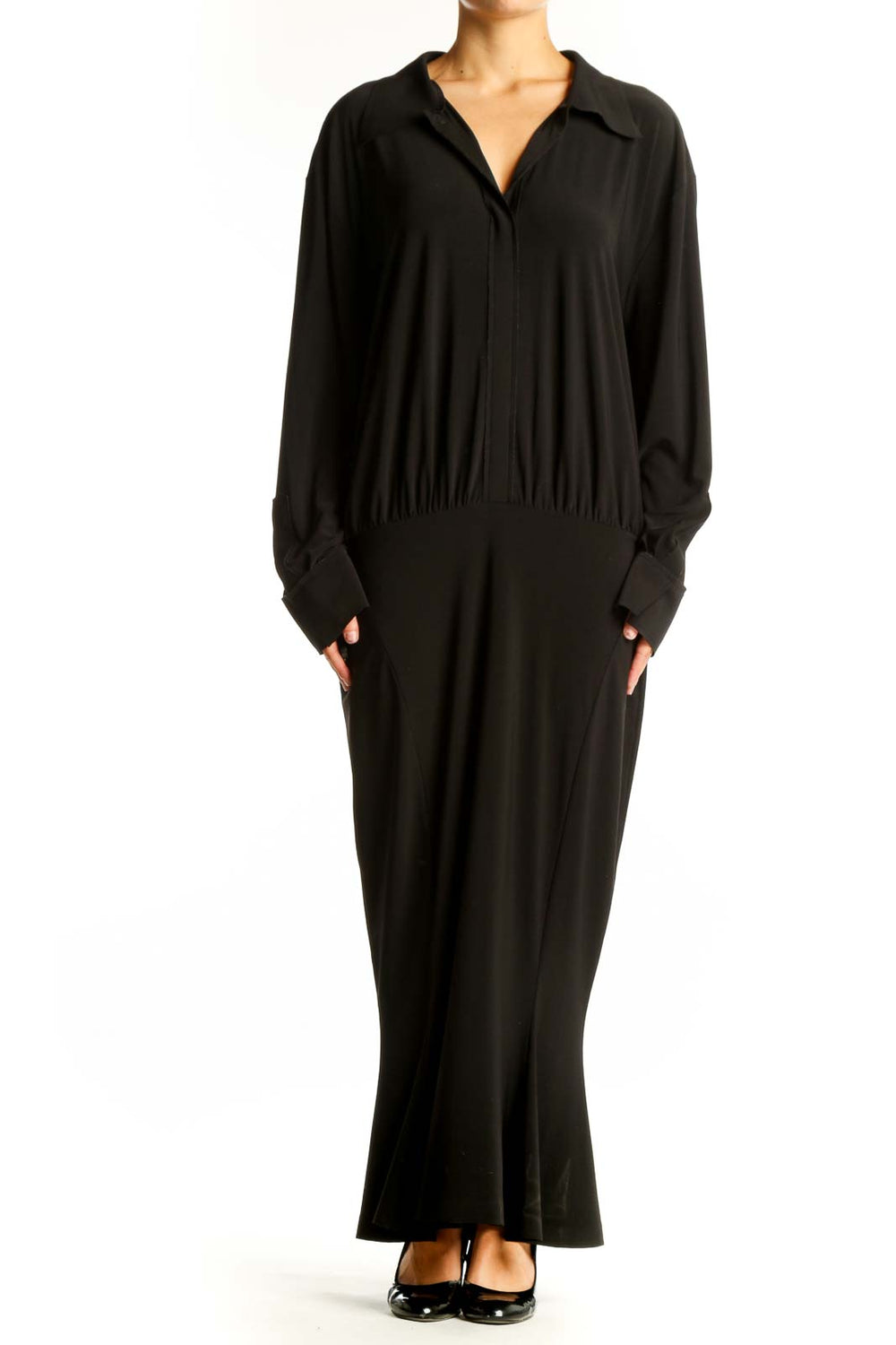 Front view of black NORMA KAMALI long-sleeve maxi dress with gathered waist