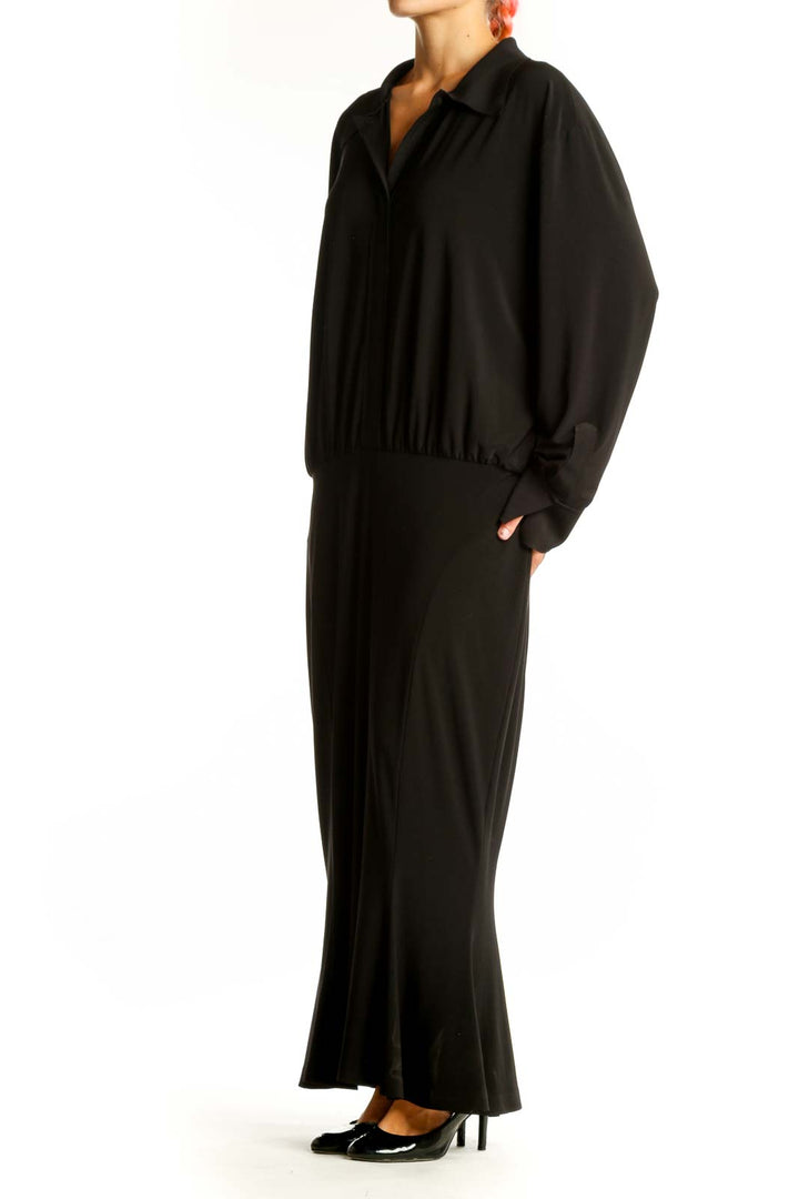 Front view of black NORMA KAMALI long-sleeve maxi dress with gathered waist