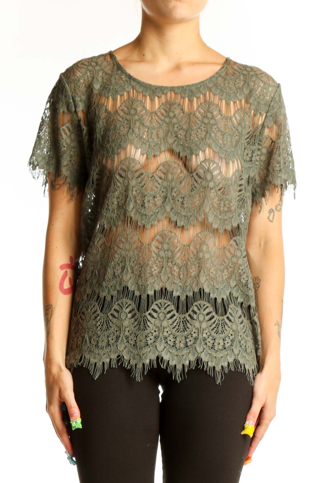 Front view of olive lace overlay short sleeve top by GENERATION LOVE New York