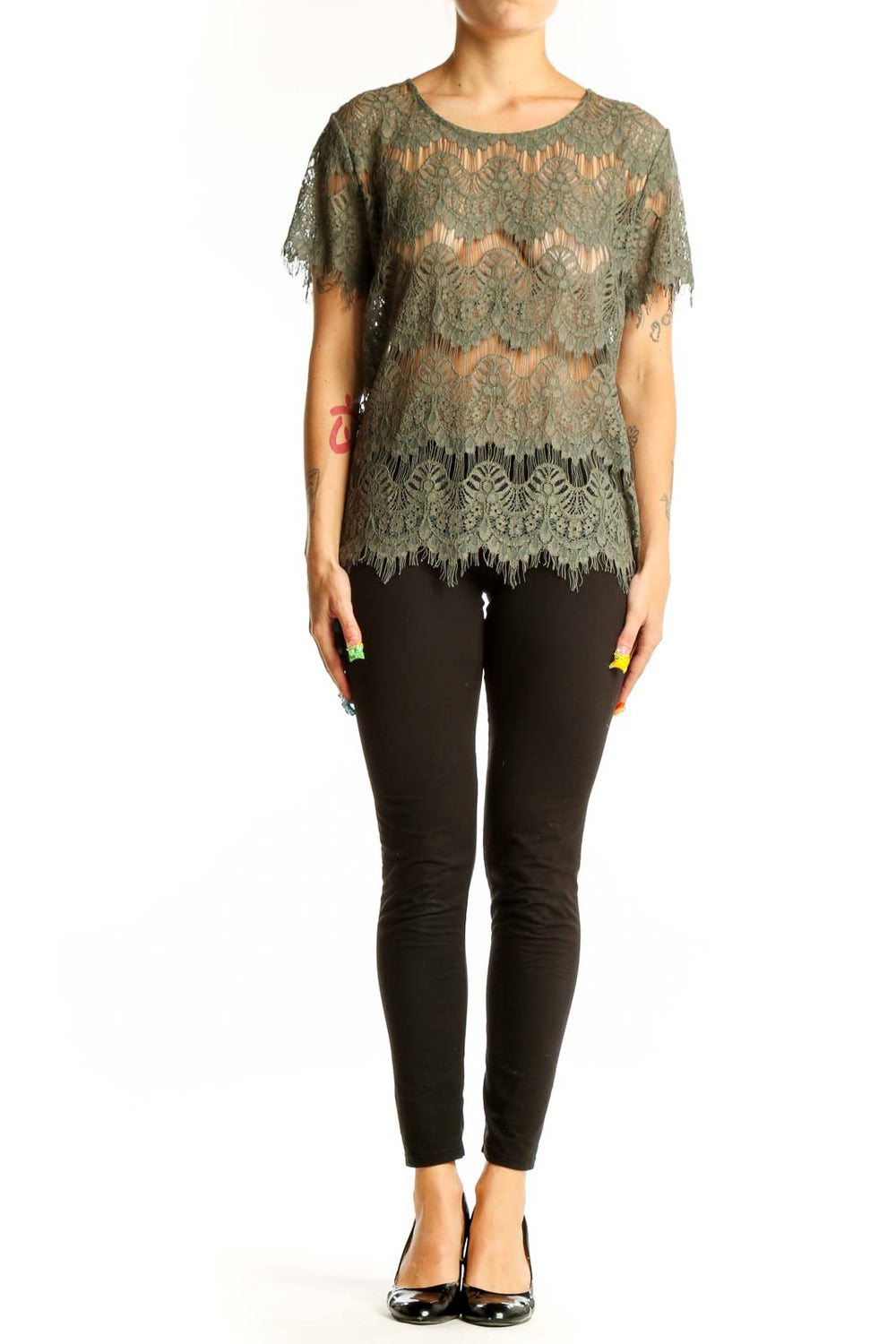 Front view of olive lace overlay short sleeve top by GENERATION LOVE New York