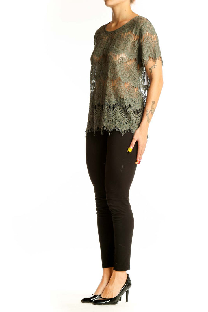 Front view of olive lace overlay short sleeve top by GENERATION LOVE New York