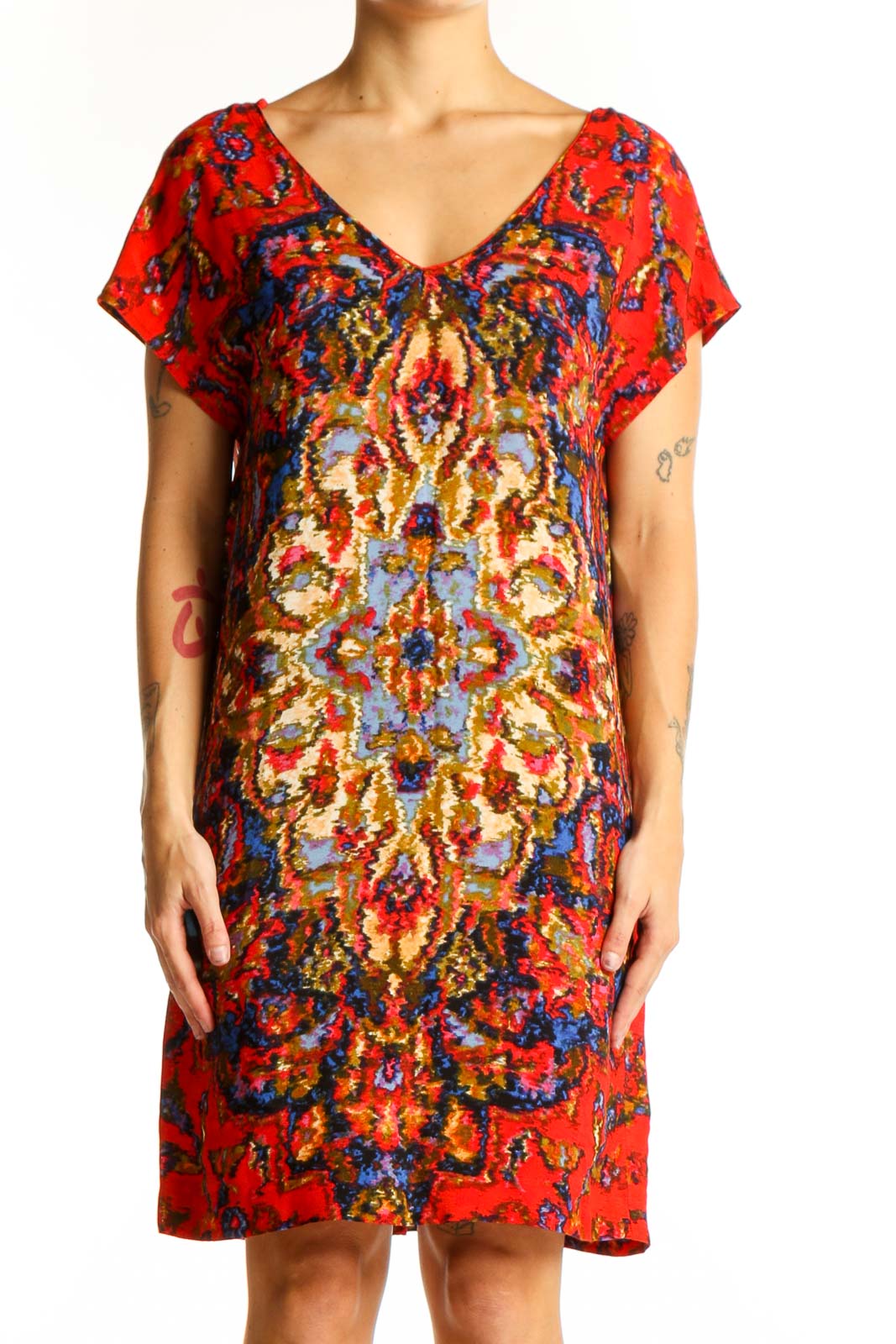 Front view of Maeve red floral shift dress with vibrant bohemian print
