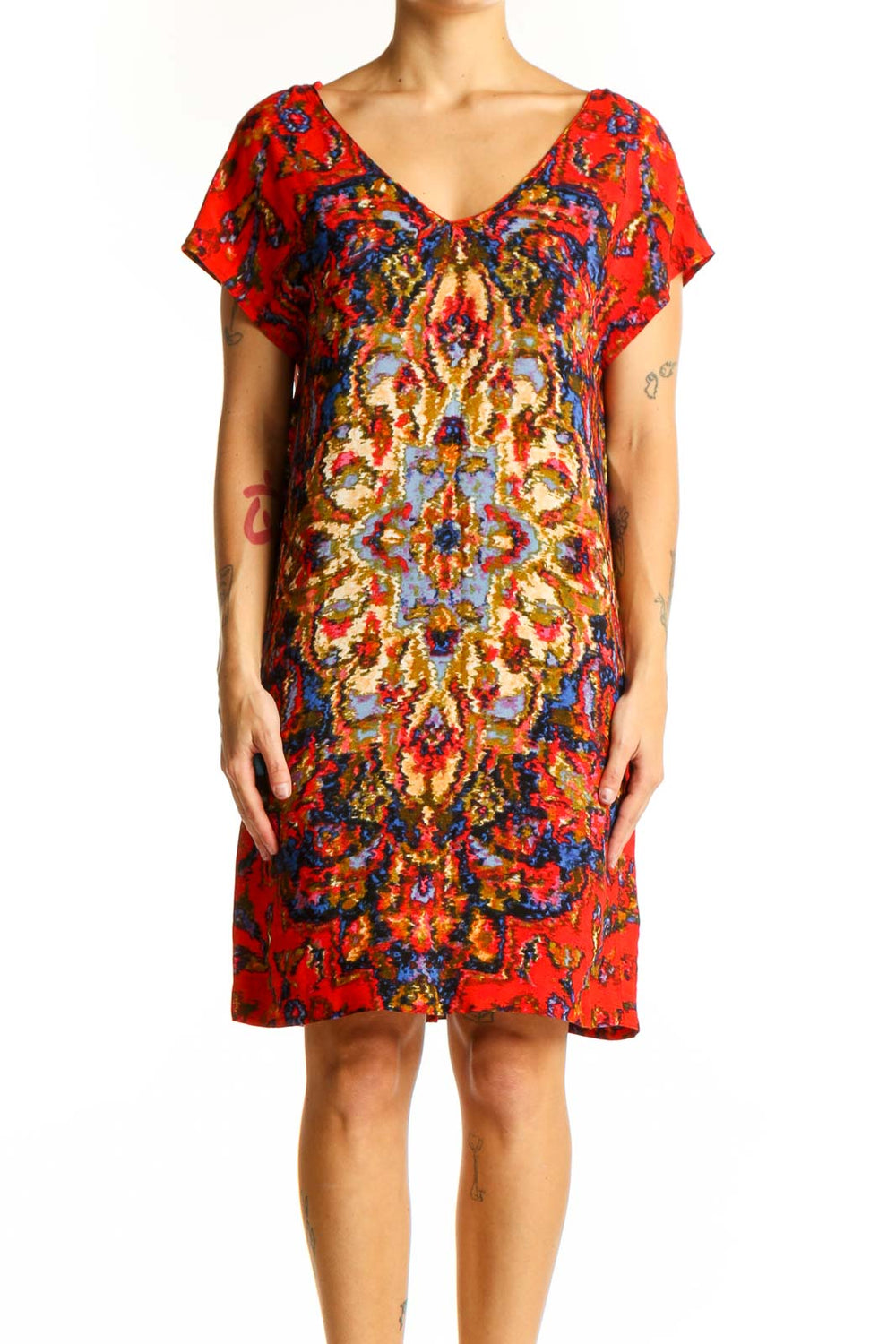 Front view of Maeve red floral shift dress with vibrant bohemian print