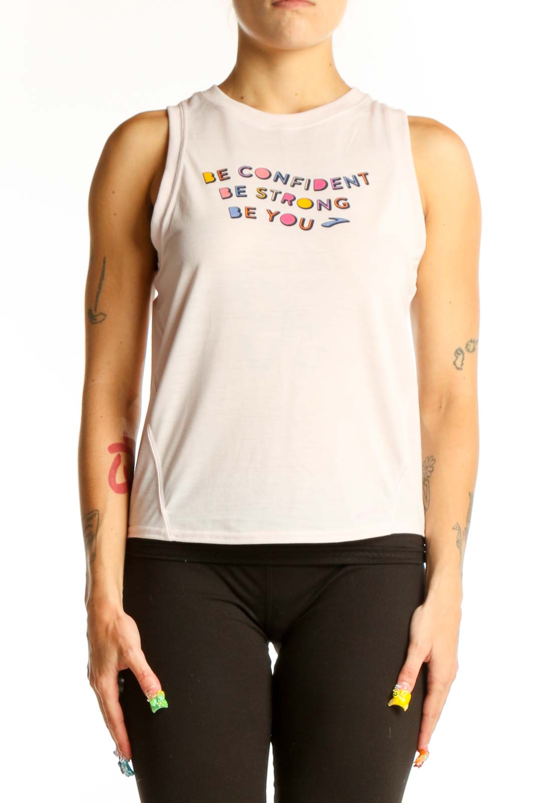 Front view of white Brooks sleeveless tank top with colorful motivational message