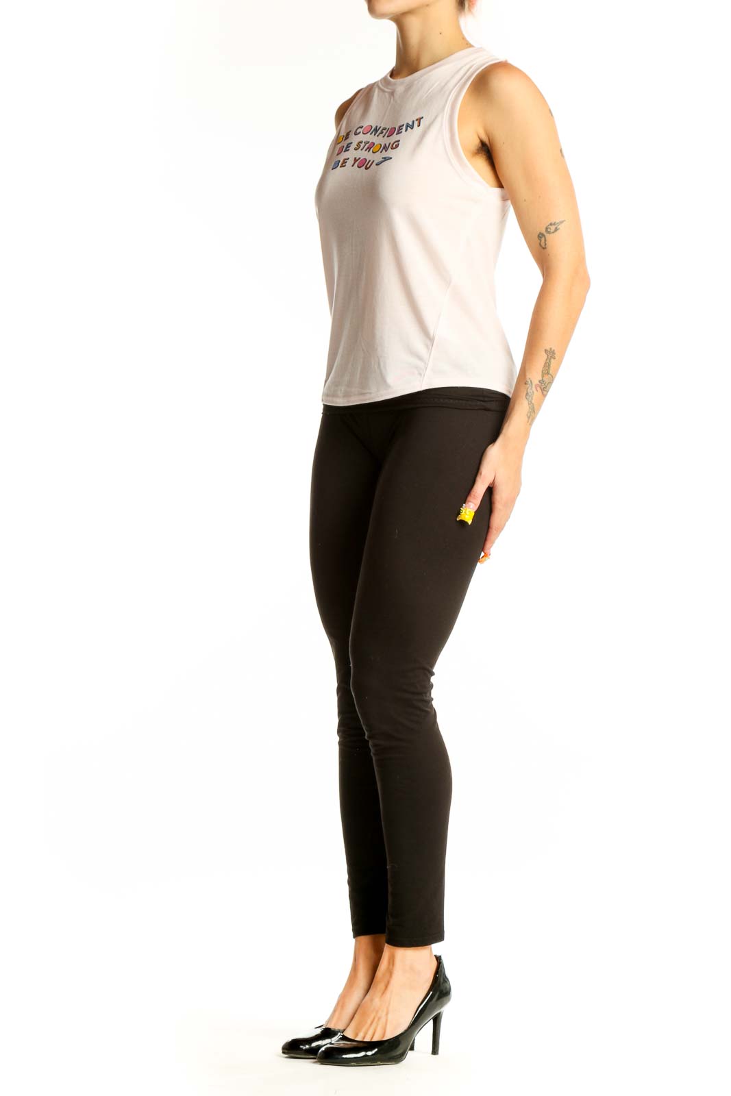 Front view of white Brooks sleeveless tank top with colorful motivational message