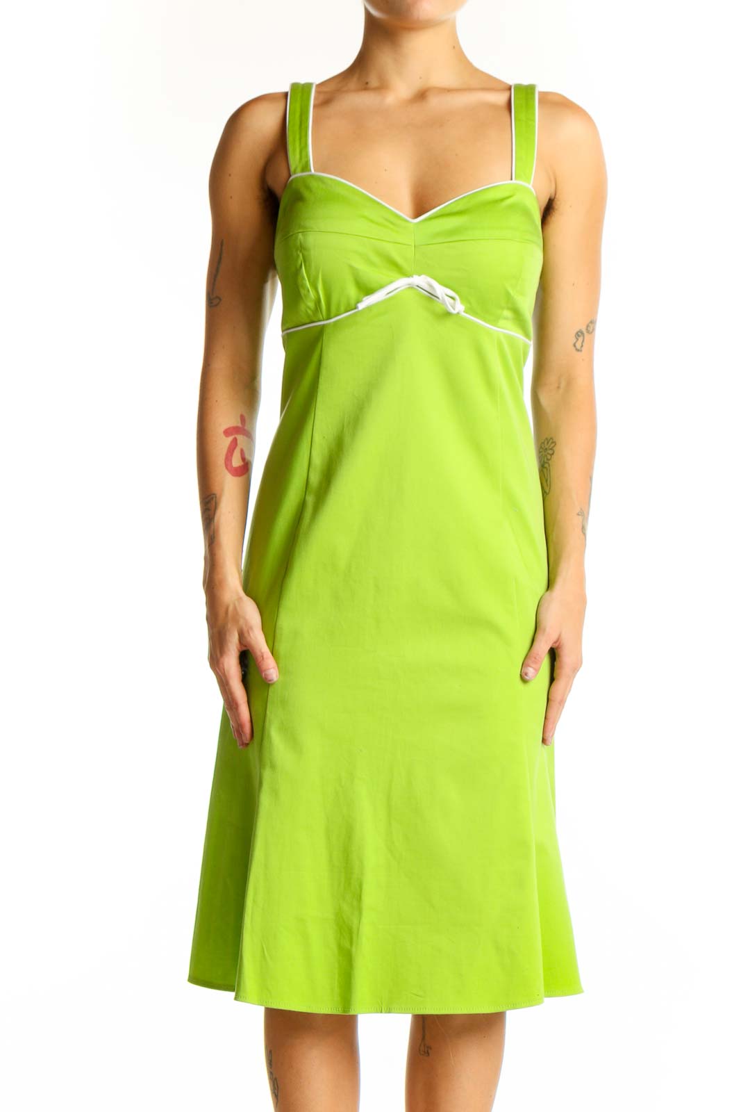 Front view of lime green sleeveless midi dress with sweetheart neckline