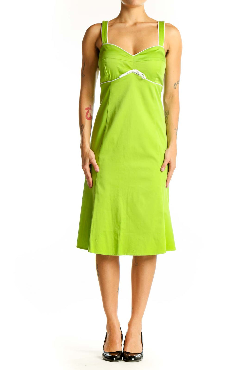 Front view of lime green sleeveless midi dress with sweetheart neckline