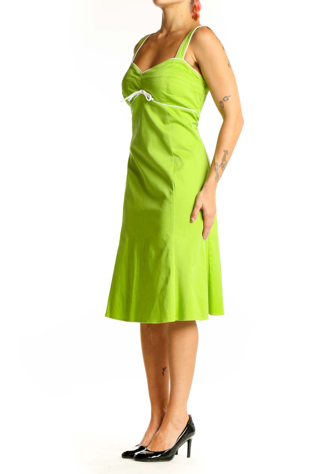 Front view of lime green sleeveless midi dress with sweetheart neckline