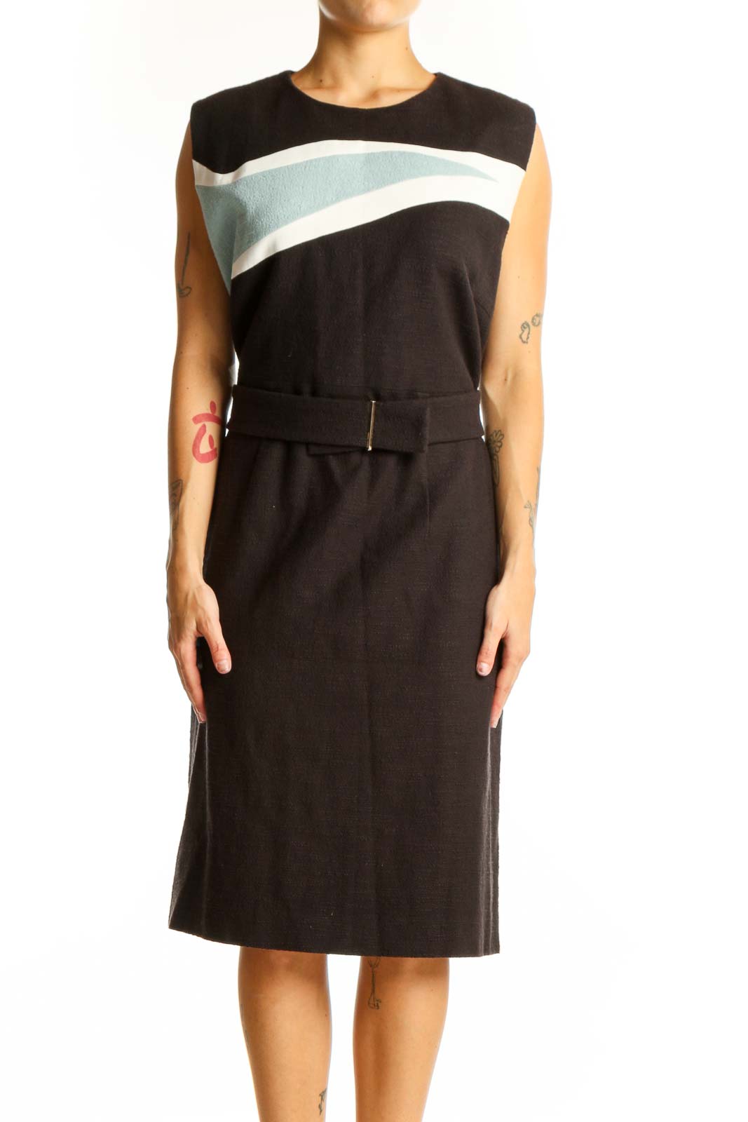 Front view of BOSS by HUGO BOSS black sheath dress with mint and white colorblock detail