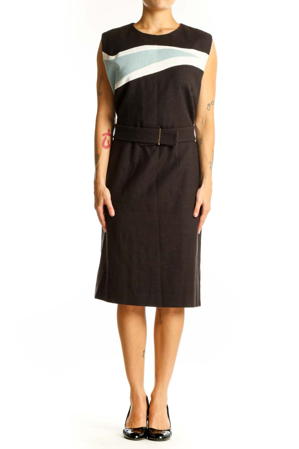 Front view of BOSS by HUGO BOSS black sheath dress with mint and white colorblock detail
