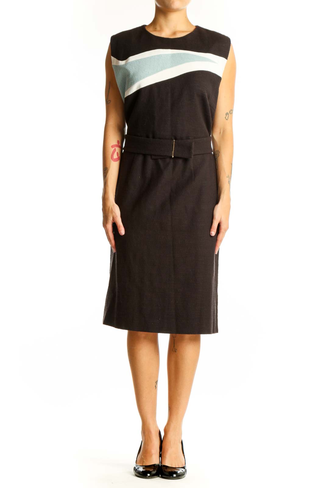 Front view of BOSS by HUGO BOSS black sheath dress with mint and white colorblock detail