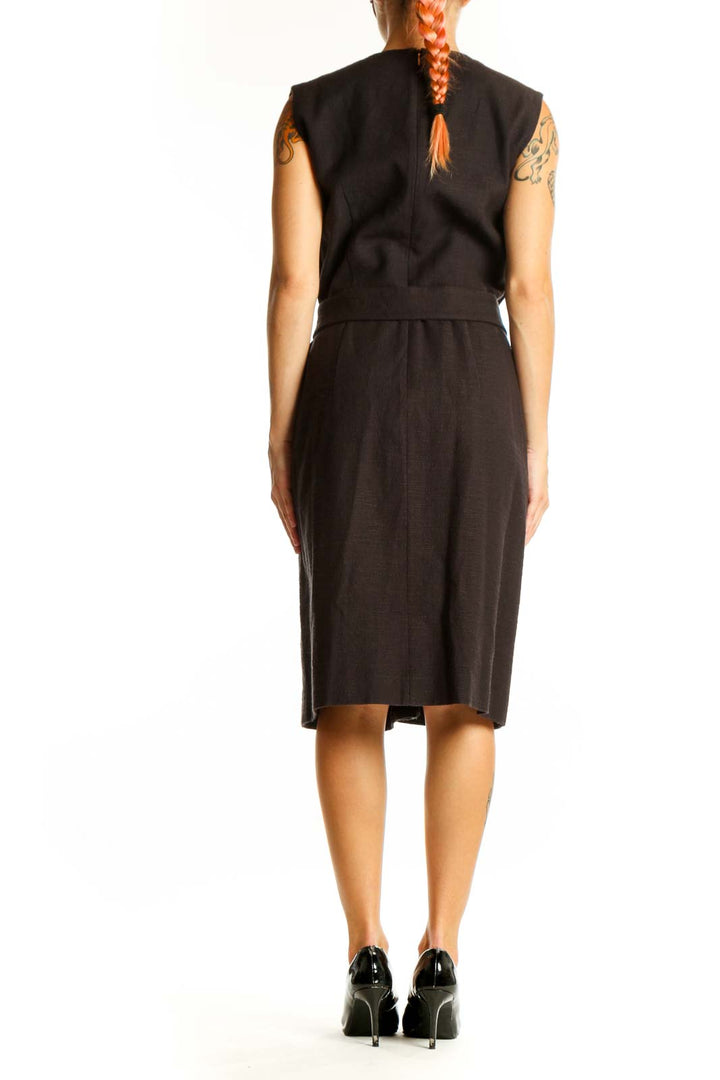 Side view of BOSS by HUGO BOSS black sheath dress showing belted waist