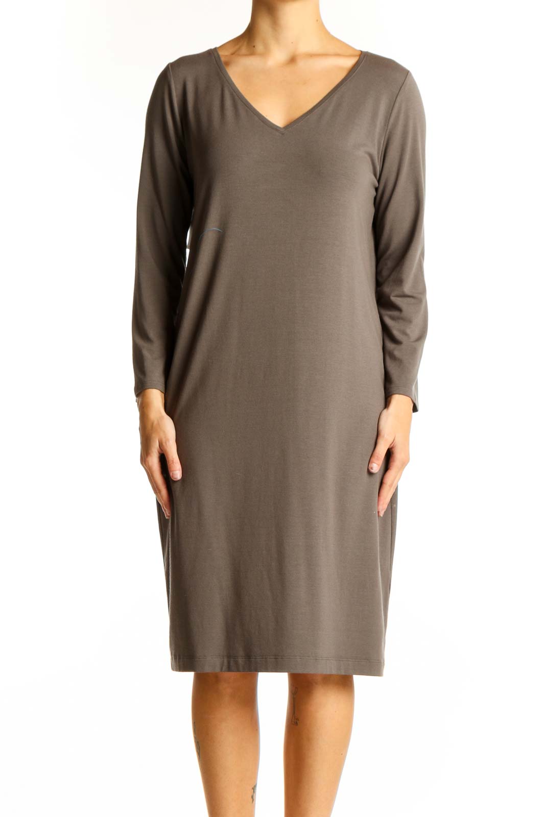 Front view of Eileen Fisher taupe V-neck long sleeve midi dress