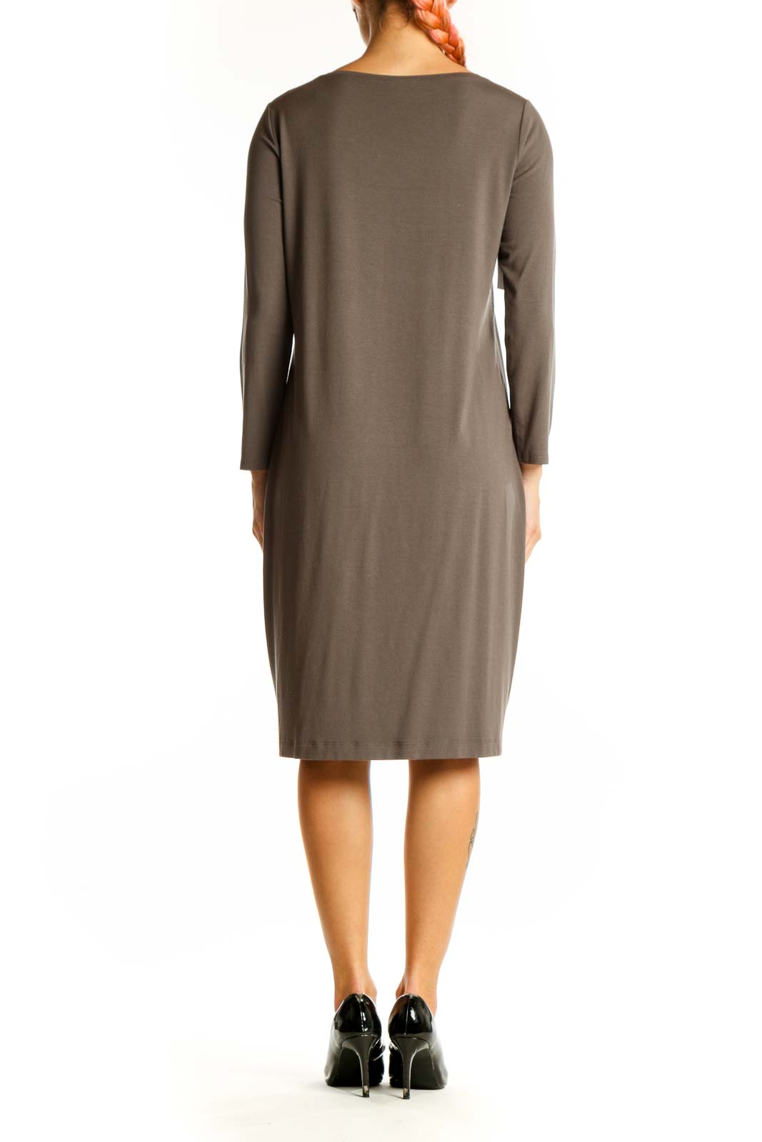 Side view of Eileen Fisher taupe V-neck long sleeve midi dress