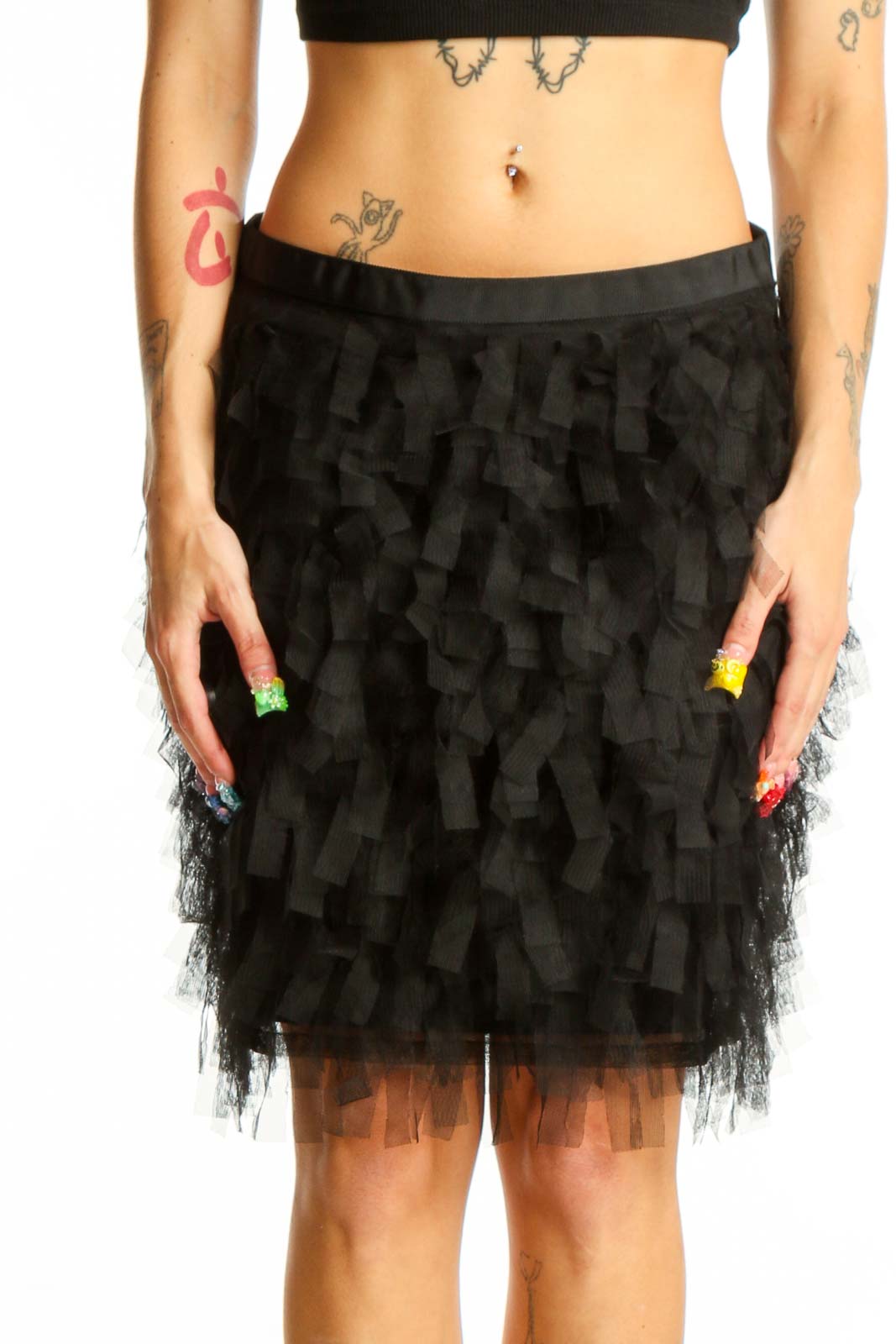Front view of black ruffled tulle mini skirt from LOFT