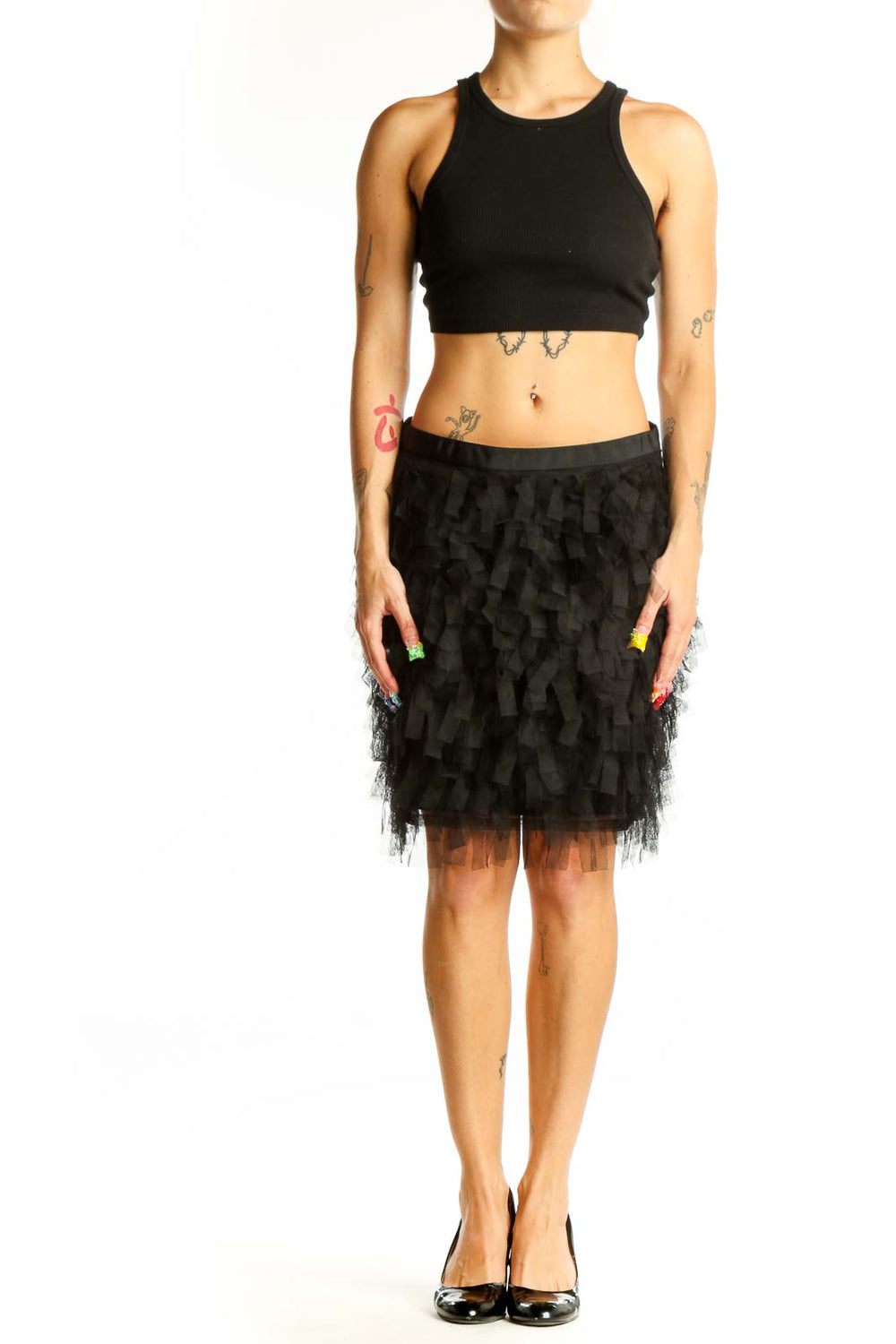 Front view of black ruffled tulle mini skirt from LOFT