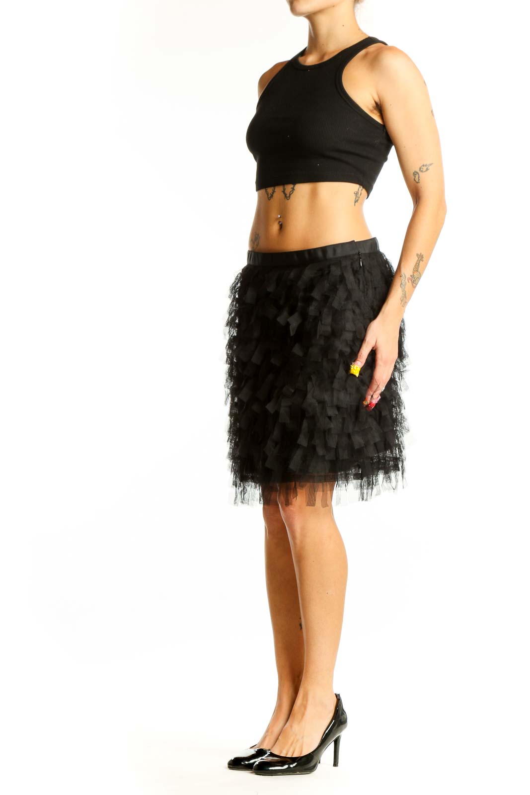 Front view of black ruffled tulle mini skirt from LOFT