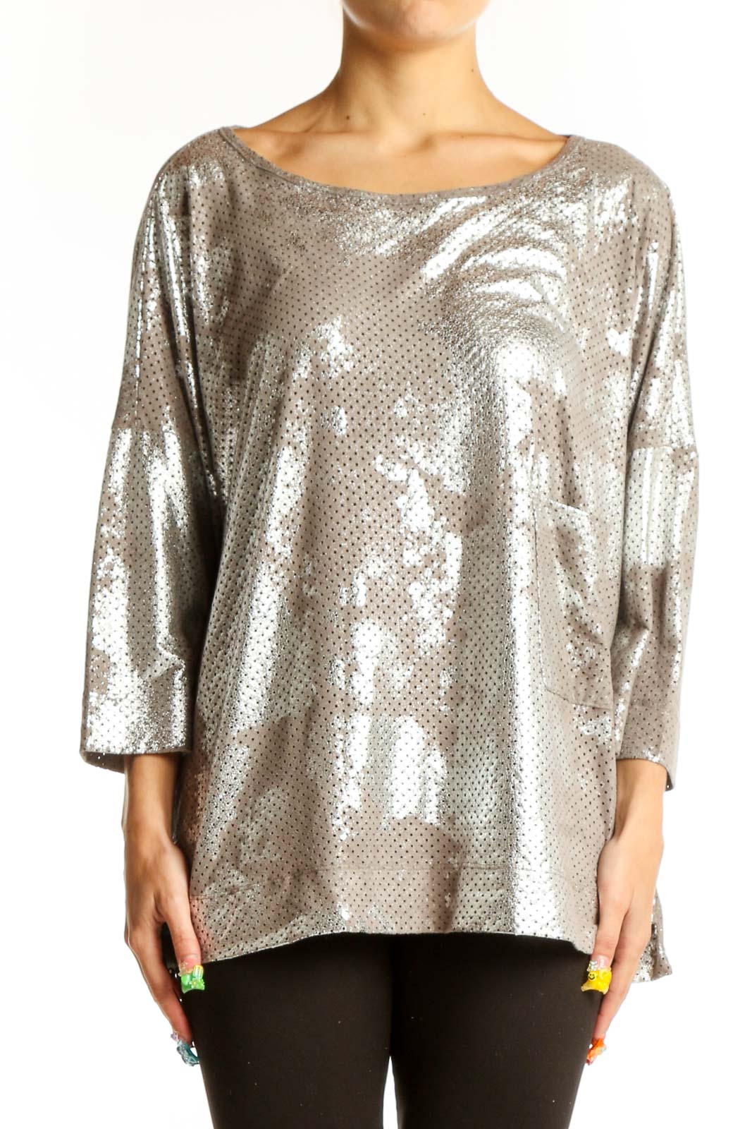 Front view of Alembika silver metallic perforated oversized top with boat neckline